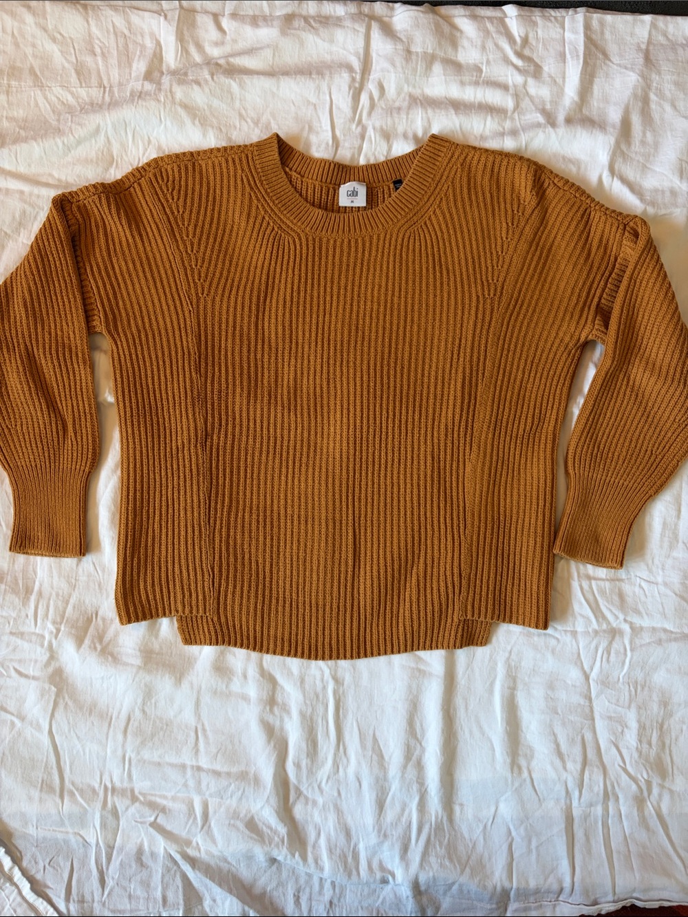 CAbi Chunky Crewneck Sweater in Mustard Bronze Color